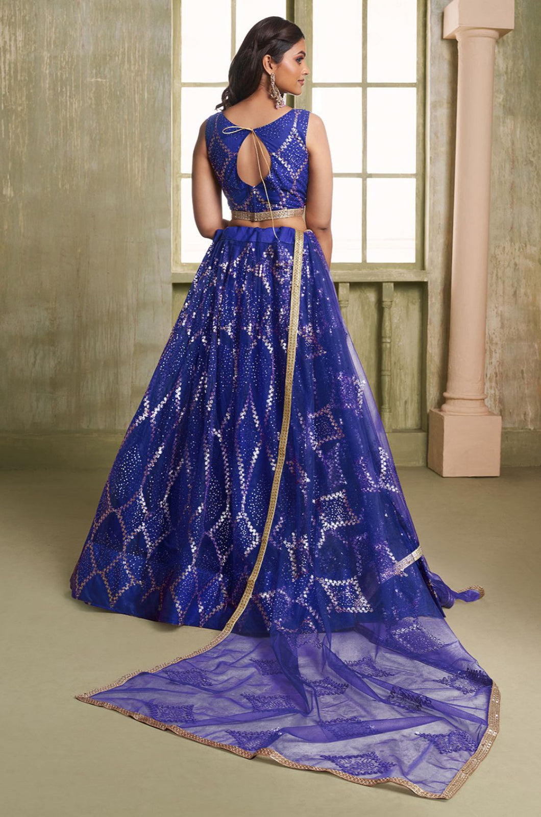 Royal Blue Net Lehenga Choli - SFSA482601A