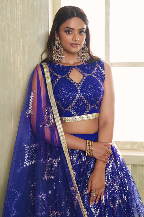 Royal Blue Net Lehenga Choli - SFSA482601A