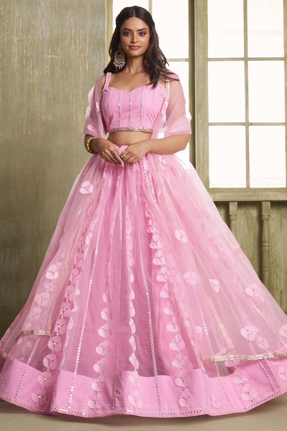 Pink Evening Wedding Net Wedding Lehenga Choli SFSA482603