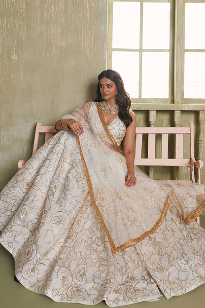 White Evening Wedding Net Wedding Lehenga Choli SFSA482604