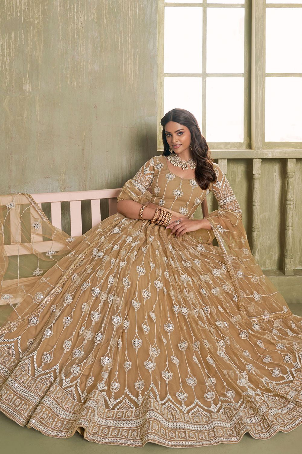 Brown Evening Wedding Net Wedding Lehenga Choli  SFSA482605