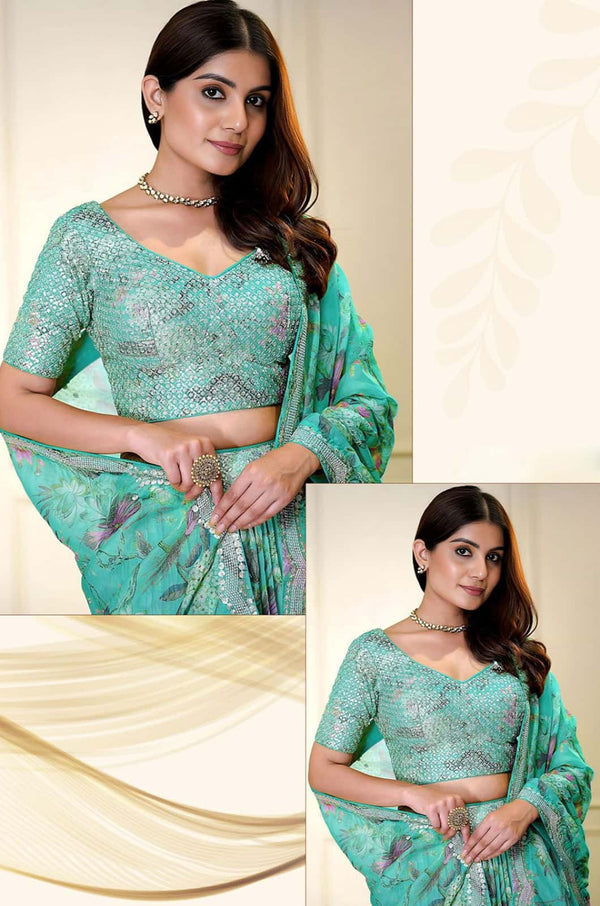 Turquoise Organza Lehenga Choli - SFZC5501