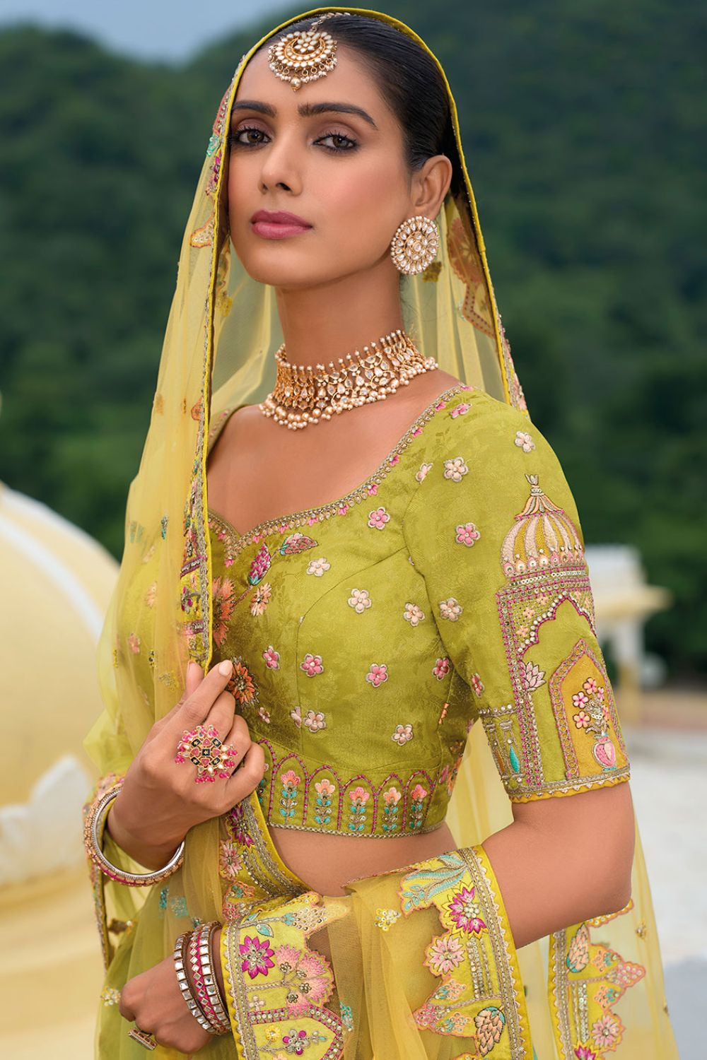 Green Bridal Sangeet Silk Lehenga Choli Set SFSJDN25202
