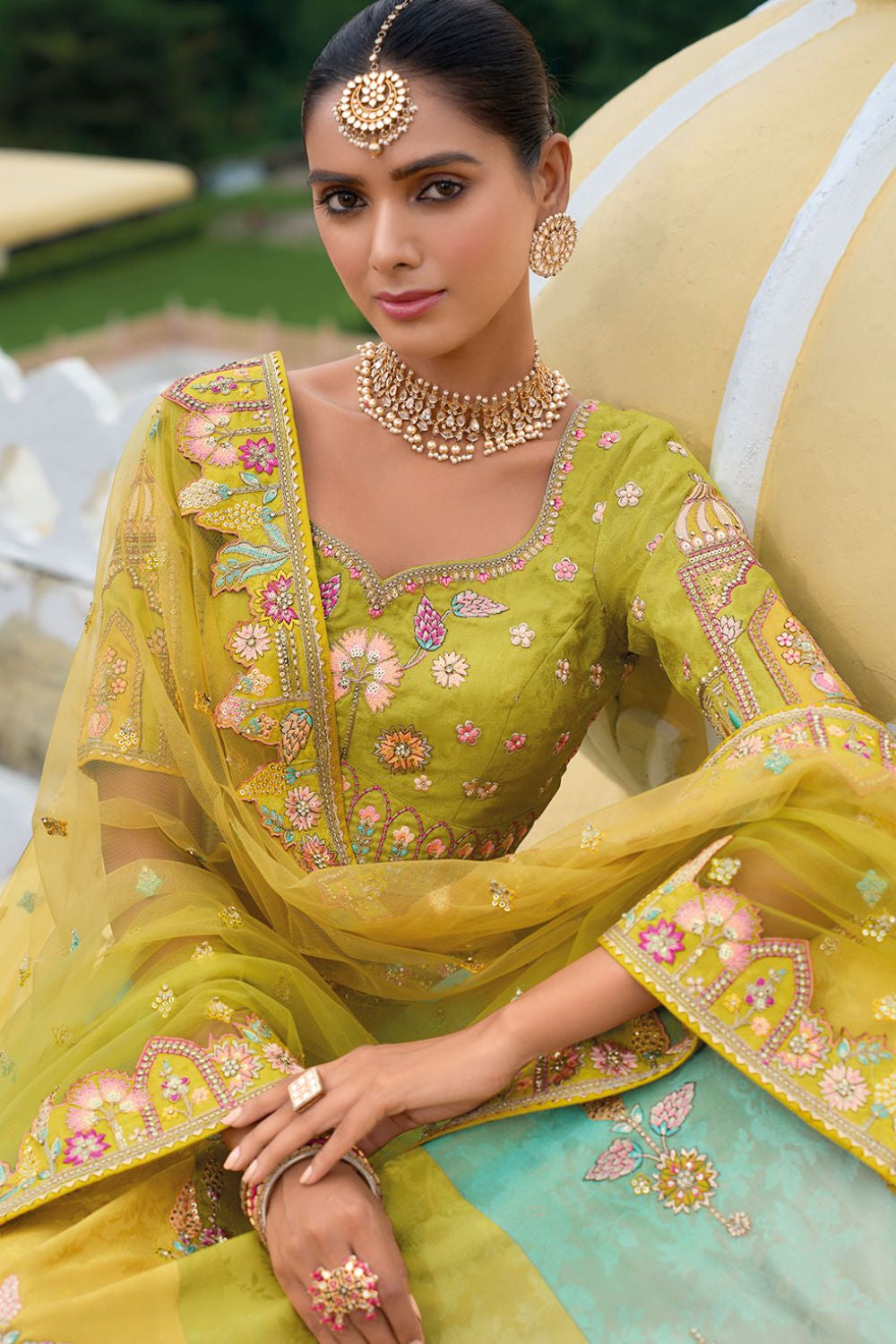 Green Bridal Sangeet Silk Lehenga Choli Set SFSJDN25202