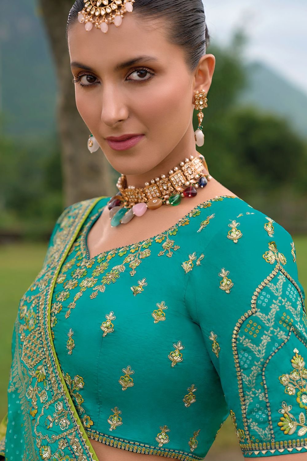 Turquoise Bridal Sangeet Silk Lehenga Choli Set SFSJDN25205