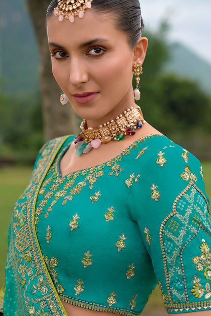 Turquoise Bridal Sangeet Silk Lehenga Choli Set SFSJDN25205