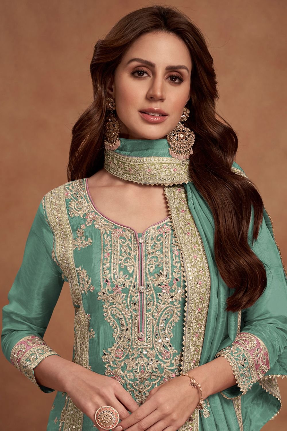 Sleek Green Shimmer Silk Palazzo Kameez SFSMT41101