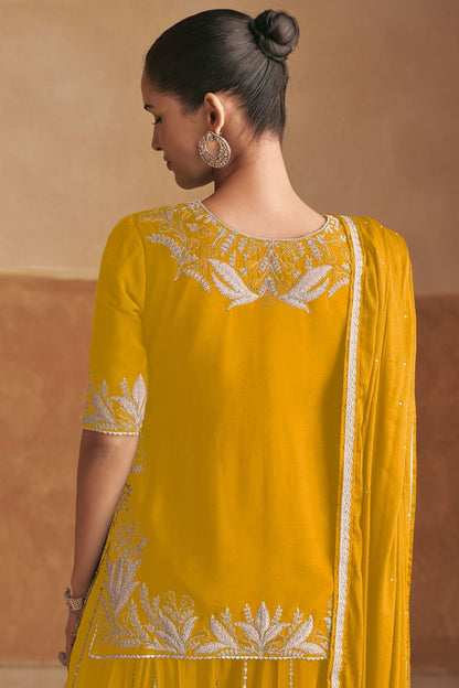 Yellow Sangeet Party Lehenga Choli Set In Chinnon SFSMT40704