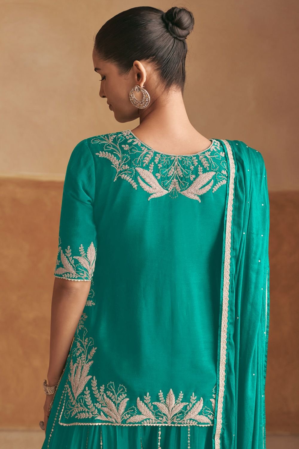 Green Sangeet Party Lehenga Choli Set In Chinnon SFSMT40705