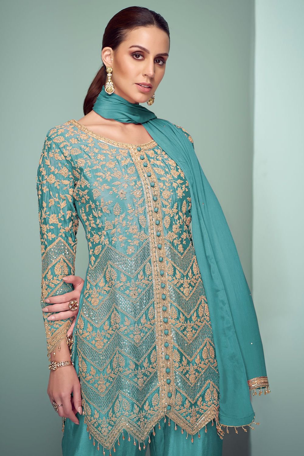 Blue Evening Chinnon Salwar Kameez Palazzo Suit  SFYS154302R