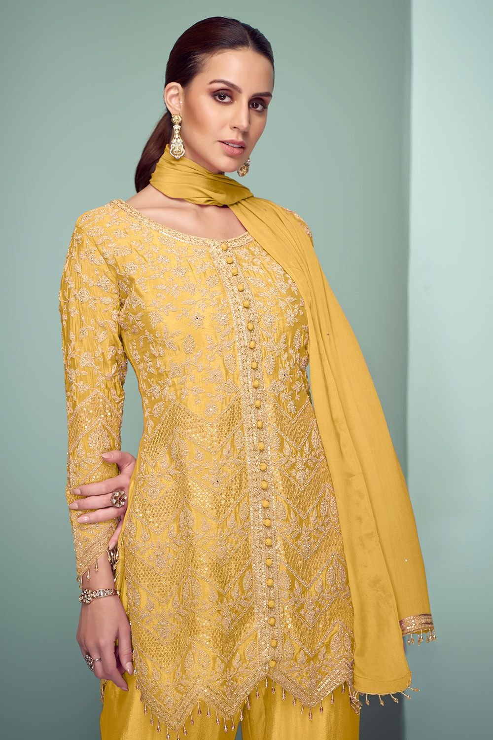 Yellow Evening Chinnon Salwar Kameez Palazzo Suit SFYS154303R