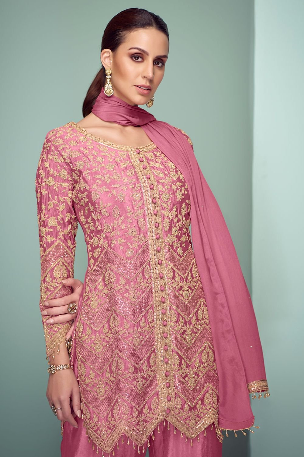 Pink Evening Chinnon Salwar Kameez Palazzo Suit SFYS154304R