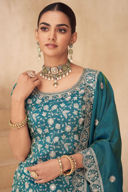 Blue Wedding Party Silk Palazzo Suit SFSMT49901R