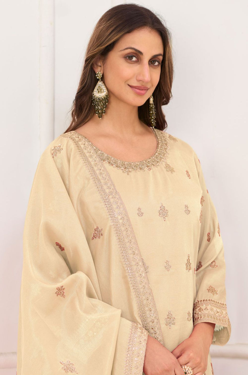 Cream Silk Salwar Kameez - SFSMT57203R