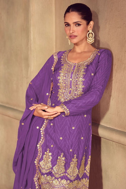 Purple Minimalist Chinnon Palazzo Suit With Zari Embroidery Work SFYS156103R