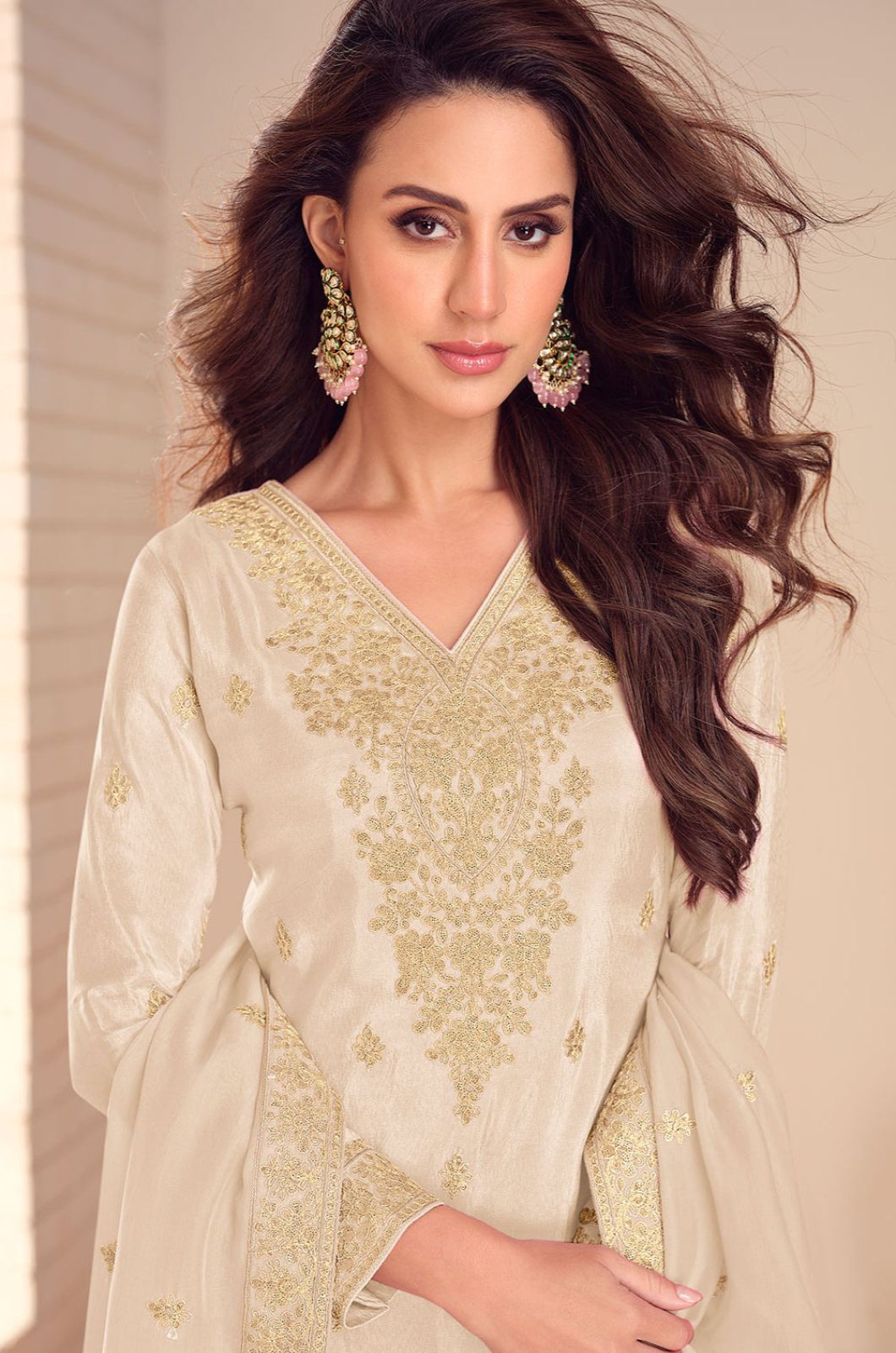 Cream Silk Salwar Kameez - SFYS173101R
