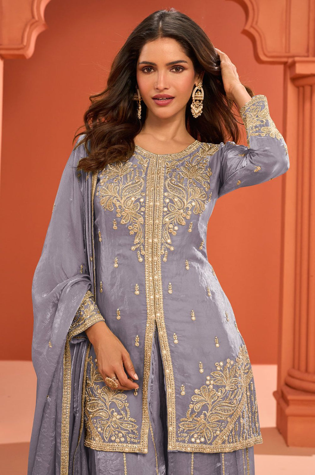 Grey Silk Salwar Kameez - SFSMT57501A