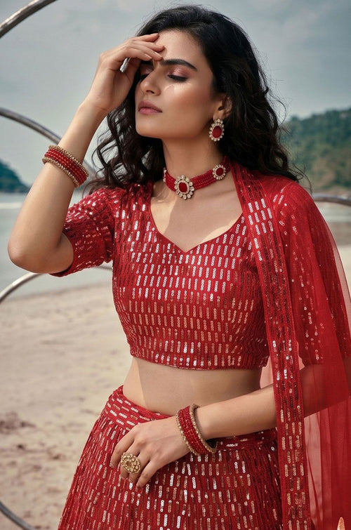 Red Net Lehenga Choli - SFSA573001
