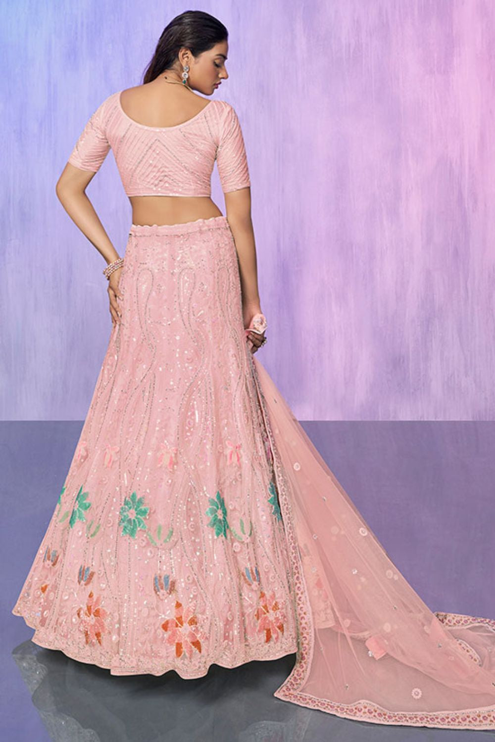 Peach Net Evening Reception Lehenga Choli SFARY19511