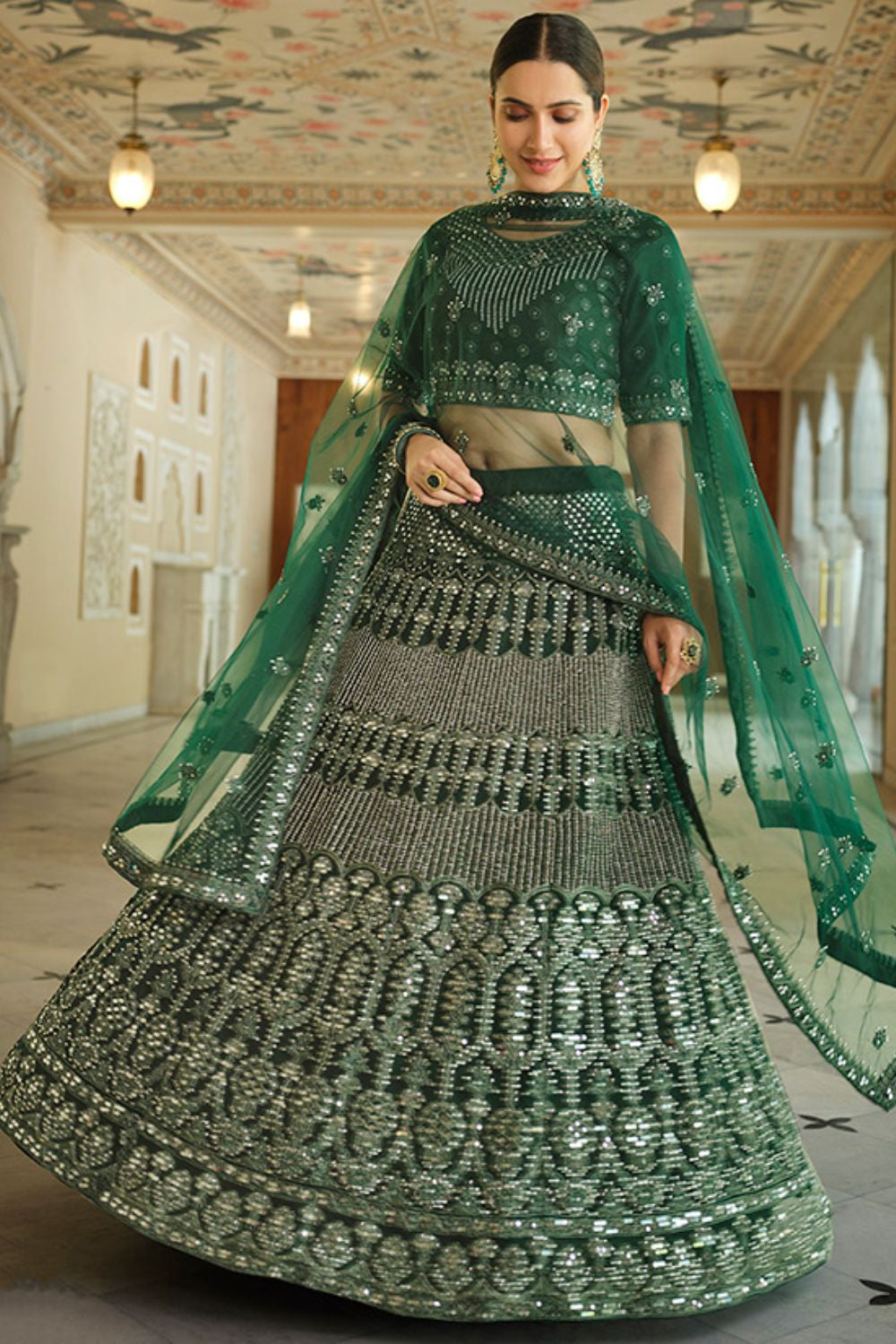 Green Timeless Bridal Lehenga In Net Lehenga Choli SFARY12101