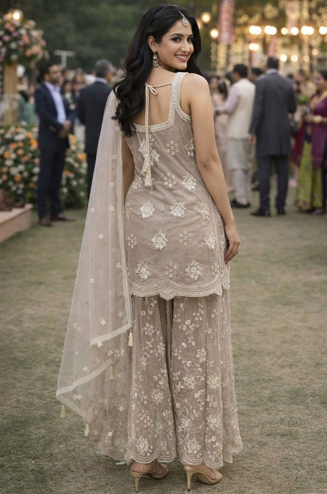 Beige Net Salwar Kameez - SFSA565401R