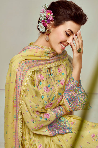 Yellow Plus Size Embroidered Pure Muslin Salwar Kameez SFYS155206
