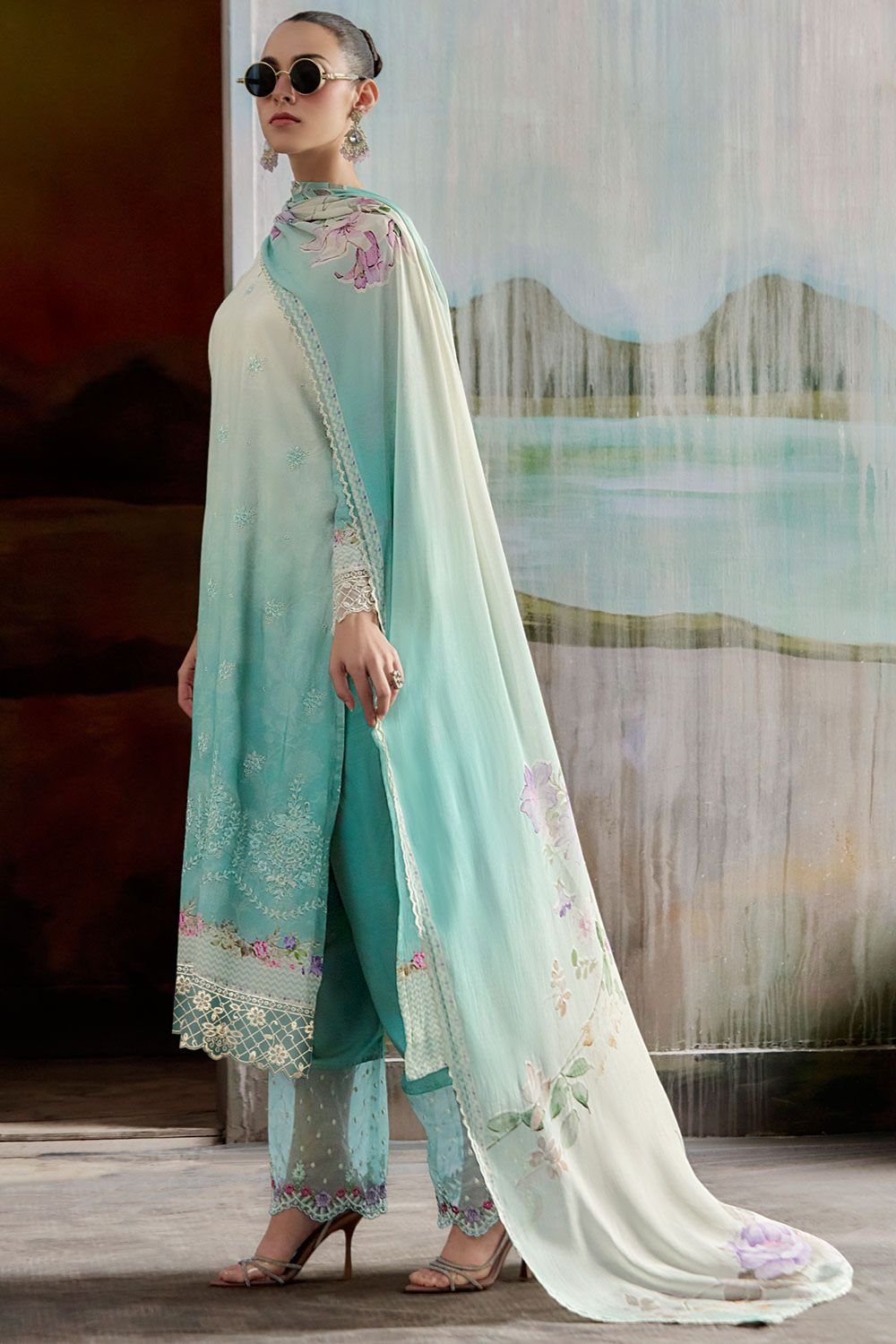 Blue Plus Size Embroidered Pure Muslin Salwar Kameez SFYS154904