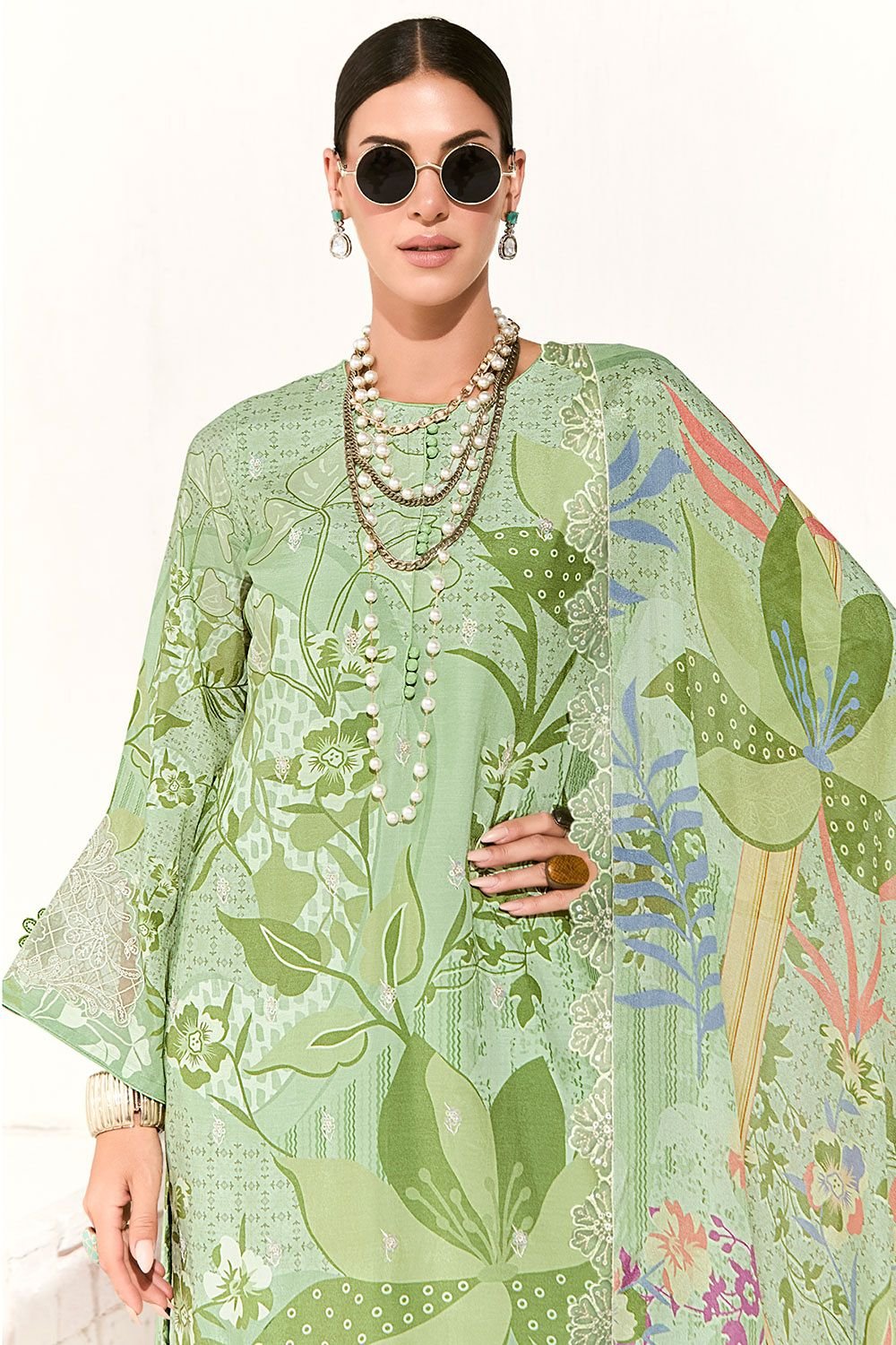 Green Muslin Plus Size Salwar Kameez SFYS157402