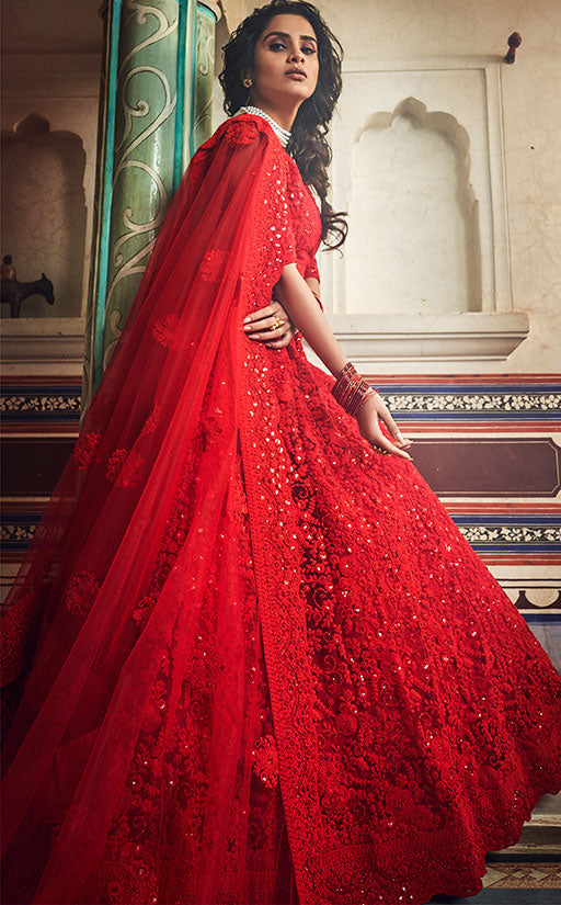 Haute Couture Red Bridal Lehenga In Net SFYDARY6805