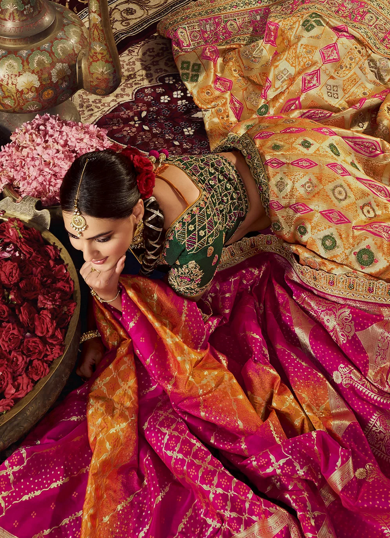 Shades Of Red Banarasi Silk Bridal Lehenga Choli with Heavy Embroidery –  Ethnos