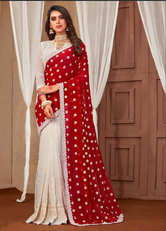 Red White Embroidered Work Party Sangeet Saree SF143308