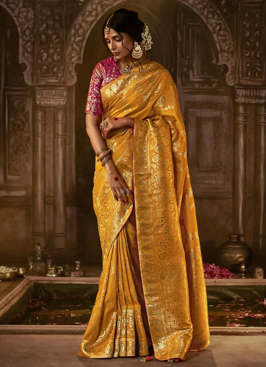 Yellow Indian Wedding Yellow Silk Weaving Classic Saree SFSR271645