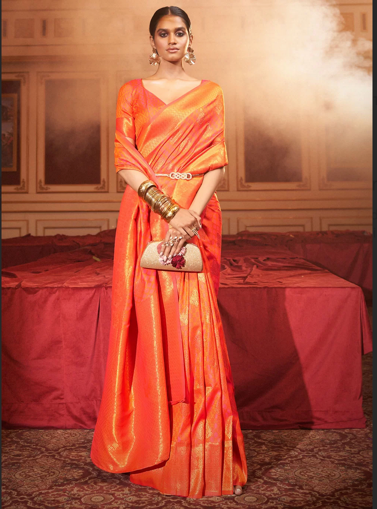 Orange Woven Handloom Silk Wedding Party Saree SFZ135201