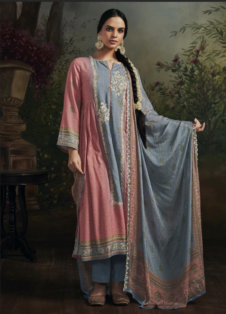Blue and  Pink Muslin Pant Style Designer Salwar Suit SFZ143565