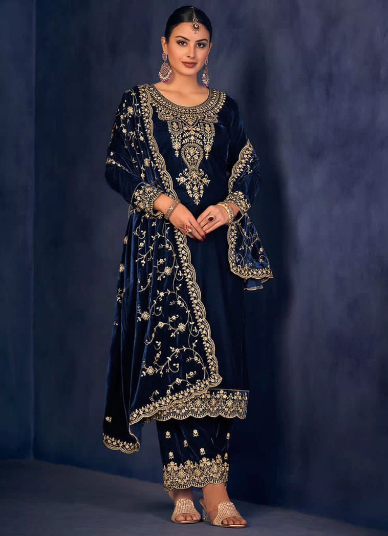Blue Wedding Party Velvet Salwar Kameez Suit SFSR272179