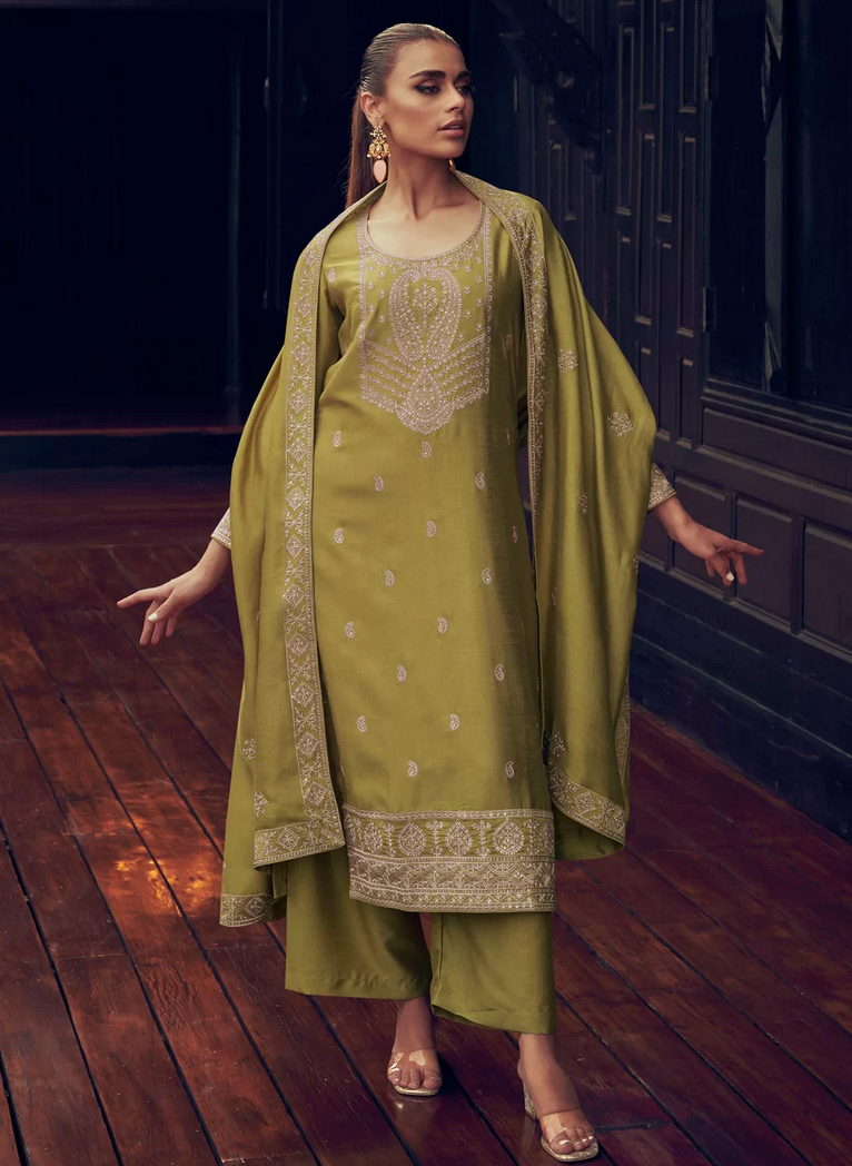 Green  Silk Embroidered and Resham Work Palazzo Salwar Suit SFSR272667