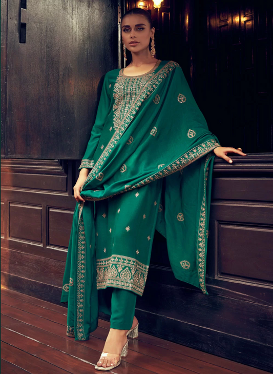 Green Silk Embroidered and Resham Work Palazzo Salwar Suit SFSR272669