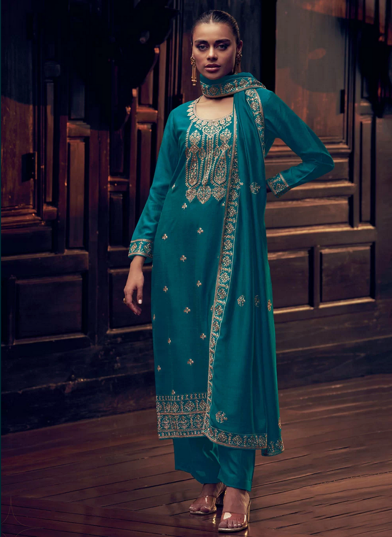 Teal Silk Embroidered and Resham Work Palazzo Salwar Suit SFSR272671