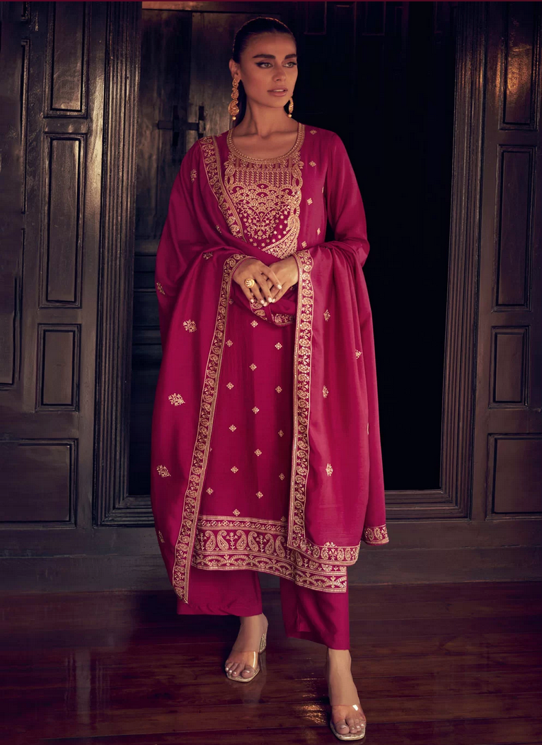 Pink Silk Embroidered and Resham Work Palazzo Salwar Suit SFSR272672