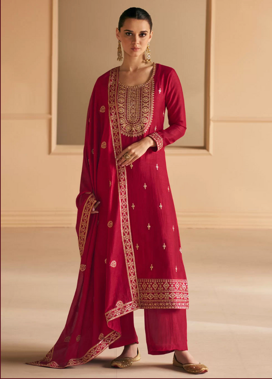 Red Silk Embroidered and Resham Work Palazzo Salwar Suit SFSR272673