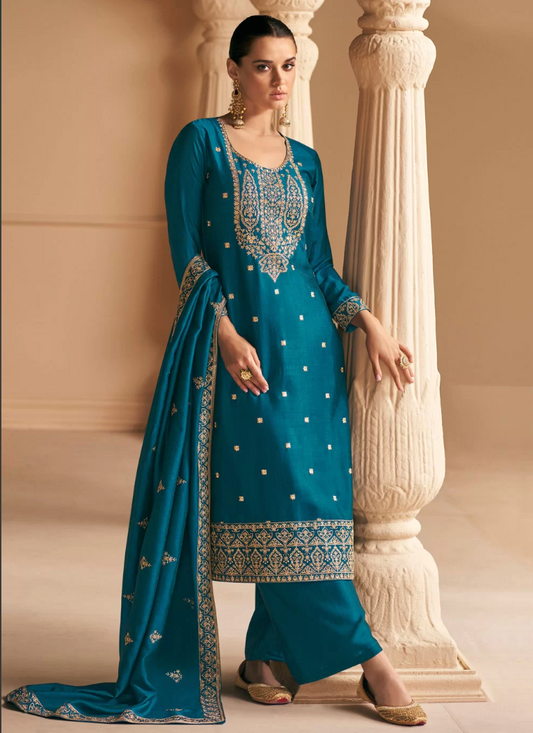 Turquoise Silk Embroidered and Resham Work Palazzo Salwar Suit SFSR272676