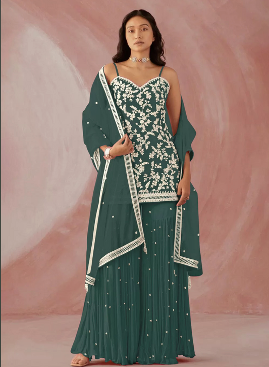 Green Indo Western Evening Party Georgette Palazzo Suit SFSR271614