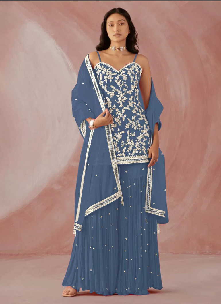 Blue Indo Western Evening Party Georgette Palazzo Suit SFSR271612