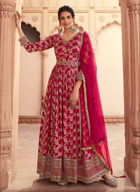 Hot Pink Long Bridal Indian Pakistani Anarkali Gown SFSR264132