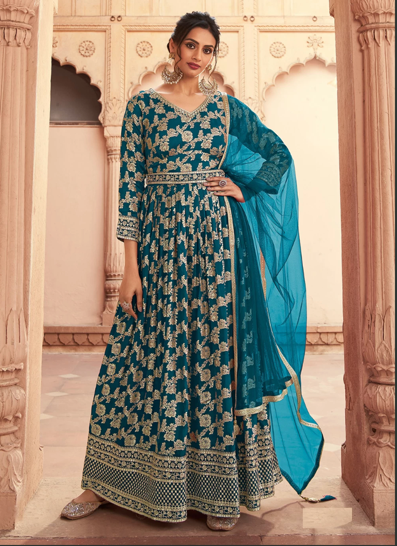 Teal Long Bridal Indian Pakistani Anarkali Silk Gown SFSR264133