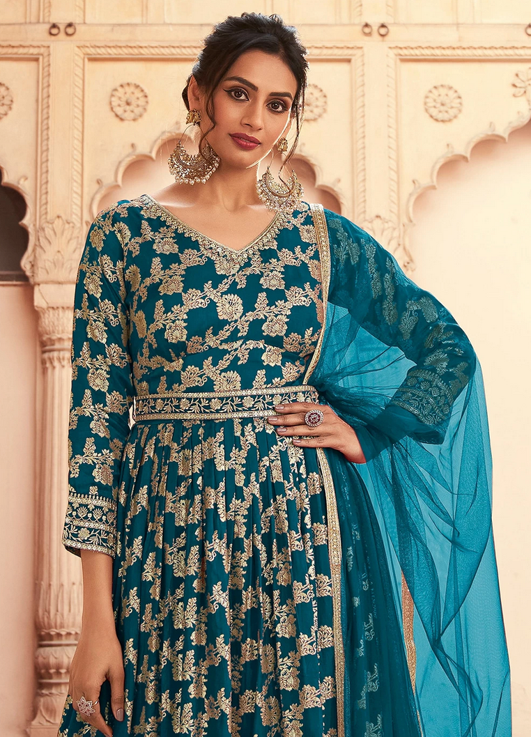 Teal Long Bridal Indian Pakistani Anarkali Silk Gown SFSR264133