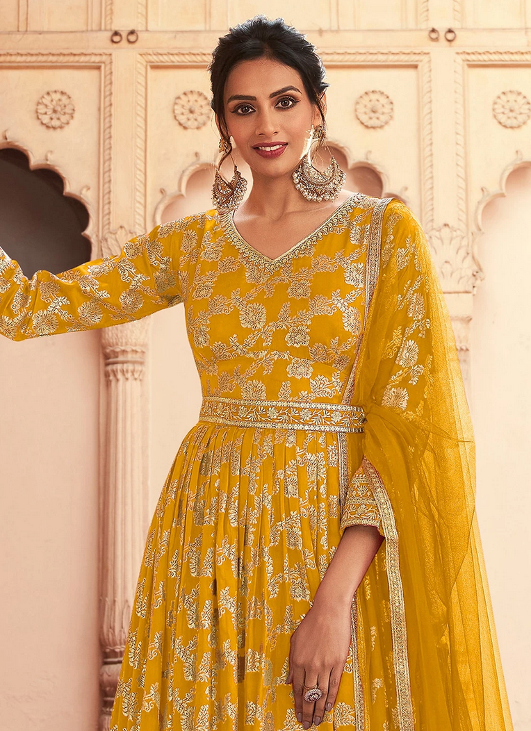 Yellow Long Bridal Indian Pakistani Anarkali Silk Gown SFSR264134