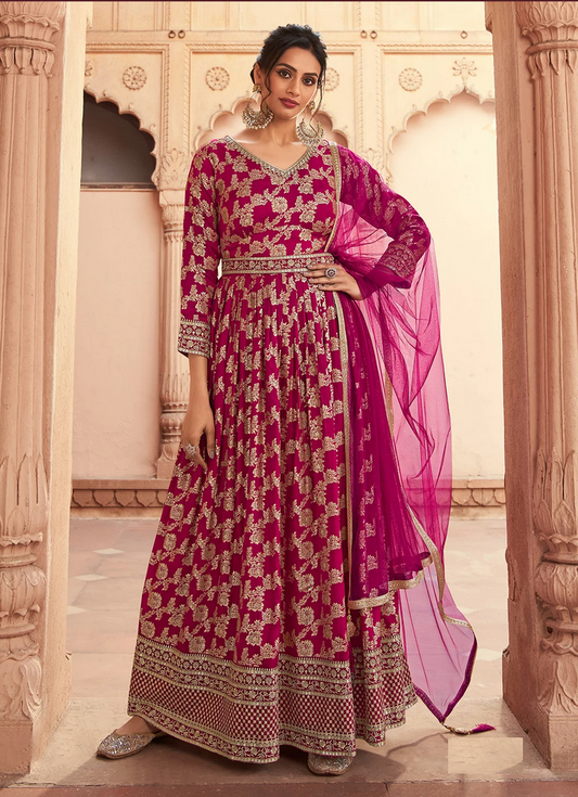 Pink Long Bridal Indian Pakistani Anarkali Silk Gown SFSR264135