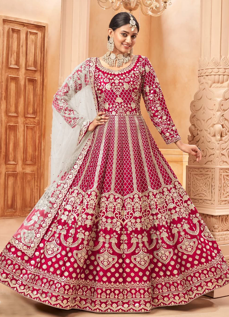 Cherry Pink Bridal Wedding Anarkali Gown In Silk SFFZ133178