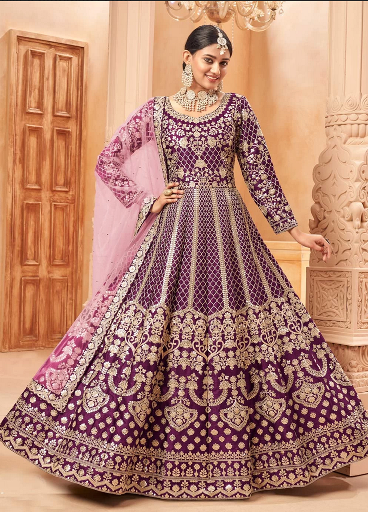 Purple Bridal Wedding Anarkali Gown In Silk SFFZ133176